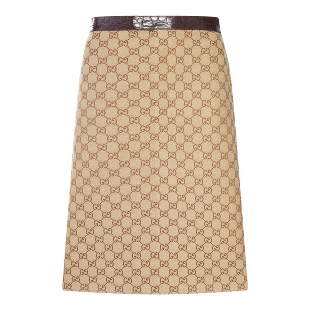 Gucci Women Gg Canvas Midi Skirt With Caiman Leather Inserts